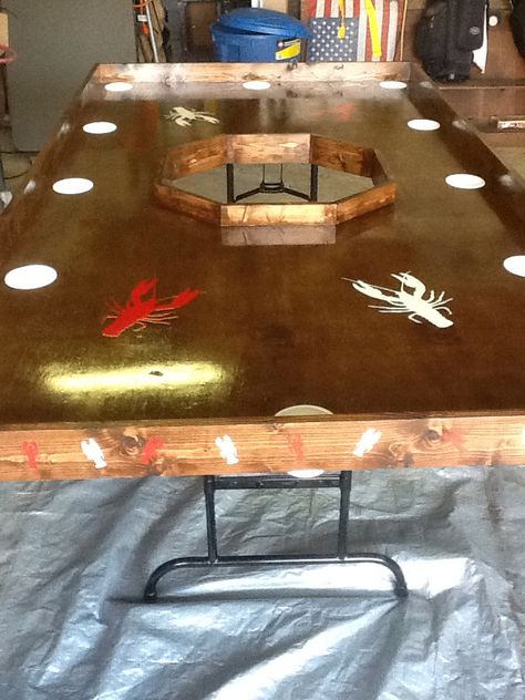 Our crawfish table made by hubby and son in law Diy Crawfish Table, Tables Diy Ideas, Crawfish Cooker, Crawfish Table, Oyster Table, Oyster Party, Crowd Food, Seafood Boil Party, Crawfish Boil Party