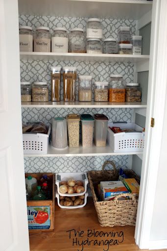 My Pretty Pantry  I like the wooden box, plastic veggie bins and basket on the floor for storage Pretty Pantry, Repurposed Ladders, Pantry Redo, Diy Window Seat, Hidden Pantry, Pantry Makeover, Small Kitchen Storage, Funky Junk Interiors, Diy Window