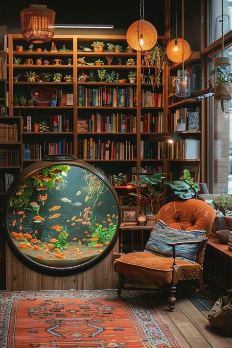 #maximalistdecor #interiordesign #homedecor #decorideas #transformyourspace #colorfulhome #bohemianstyle #eclecticdecor #designinspiration #boredpanda Zoologist Aesthetic Room, Fish Tank Bookshelf, Bookshelf Aquarium, Unique Bookshelf, Cosy Rooms, Library Rooms, 80s Interior Design, Cozy Home Library, Electric Colors