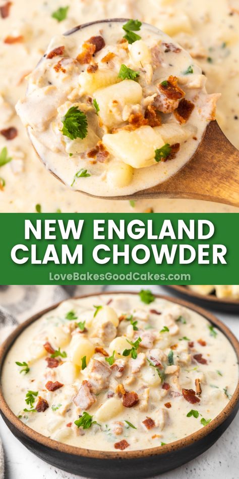 New England Clam Chowder pin collage Clam Chowder Recipe New England Healthy, Crockpot New England Clam Chowder, Best Clam Chowder Recipe New England, New England Clam Chowder Recipe Best, Clam Chowder Recipe New England Easy, Clam Chowder Soup Recipes, Clam Chowder Recipe New England, Easy Clam Chowder Recipe, Best New England Clam Chowder