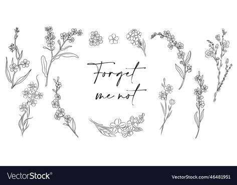 Forget Me Not Drawing Black And White, Forget Me Not Line Art, Forget Me Not Flower Tattoo Black, Forget Me Not Tattoo Black And White, Forget Me Not Flower Tattoo, Design For Tattoo, Forget Me Not Tattoo, Tattoo Jewelry, Wreath Tattoo