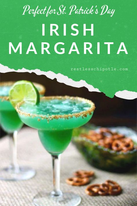 The perfect green cocktail for St Patrick's Day!Irish margarita recipe is made with tequila, Irish whiskey, and pineapple juice - a fruity drink with a kick like an Irish mule!  #stpatricksday #stpaddysday #party #drinks #green #IrishWhiskey #Jameson #tequila #margarita #restlesschipotle Green Tequila Cocktail, Irish Margarita, Irish Mule, Irish Cocktails, Sant Patrick, Restless Chipotle, St Patricks Day Drinks, St. Patrick’s Day, Green Cocktail