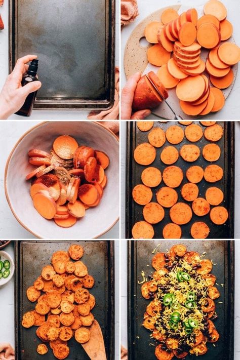 Sweet Potato Nachos Ground Turkey Sweet Potato, Vegan Shredded Cheese, Turkey Sweet Potato, Potato Nachos, Sweet Potato Nachos, Crispy Sweet Potato, Loaded Sweet Potato, Snack Prep, Game Day Snacks