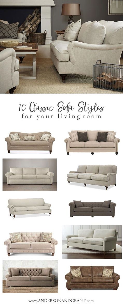 Overwhelmed when trying to find the perfect sofa for your living room?  Check out this post with 10 Classic Sofas that will never go out of style.  |  www.andersonandgrant.com Classic Sofa Styles, Living Room Decor On A Budget, Elegant Living Room Decor, Perfect Sofa, Sofa Beige, Beige Sofa, Sofa Set Designs, Trendy Living Rooms, Classic Sofa