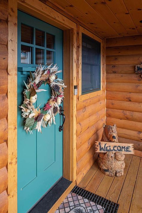 Deerfield | Coventry Log Homes Front Door For Log Cabin, Log Cabin Front Door Color Ideas, Log Cabin Front Door, Cabin Front Door, House Doors Colors, Mint Door, Log Homes Exterior, Teal Door, Concept Plan