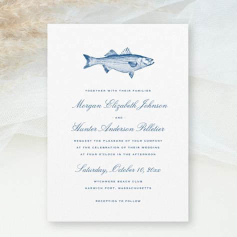 Striped Bass Fishing Theme Elegant Navy Wedding Invitation | Zazzle Elegant Navy Wedding, Coastal Wedding Invitations, Fishing Themed Wedding, Navy Wedding Invitation, Striped Bass Fishing, Wychmere Beach Club, Elizabeth Johnson, Fishing Wedding, Dinner Party Summer