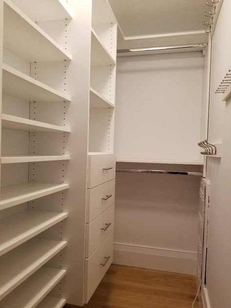 Narrow Walk-in Closet - Contemporary - Wardrobe - New York - by Smart Closets | Houzz UK Tiny Walk In Wardrobe, Narrow Wardrobe Ideas, Narrow Walk In Wardrobe, Long Narrow Walk In Closet, Narrow Master Closet, Tiny Walk In Closet, Wir Ideas, Tiny Walk In Closet Ideas, Small Walk In Closet Ideas Layout