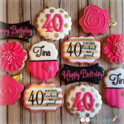 40 never looked so good! #40andfabulous #40neverlookedsogood #thebig40 #happybirthday #pinkandgold #decoratedcookies #cookieliciousbyjb #buffalocookies #rolkemgold 40 And Fabulous Cookies Decorated, 40th Cookies Decorated, 40th Birthday Cookie Ideas, 40th Birthday Decorated Cookies, 40 Cookies Birthday, Hot Pink Cookies, 40 And Fabulous Cookies, 40th Bday Cookies, 40th Birthday Cookies Decorated