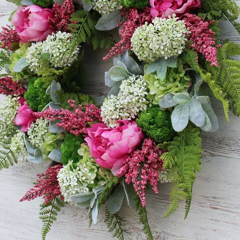 Canora Grey Peony Hydrangea Spring Silk Wreath & Reviews | Wayfair Hydrangea Snowball, Large Wreaths, Green Hydrangea Wreath, Silk Wreaths, Easter Spring Wreath, Lamb's Ear, Summer Front Door Wreath, Door Wreaths Diy, Green Hydrangea