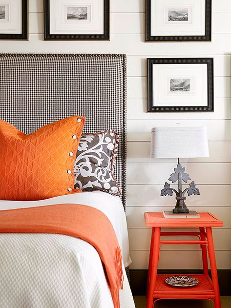 Masculine Color Scheme - this neutral color scheme is punched up with hits of deep, bright orange on the pillow shams, throw and side table.  Almost any accent color would work here. Bedroom Orange, Orange Interior, Orange Decor, Grey Bedroom, Ideas Hogar, Grey Color Scheme, Orange Pillows, Gray Bedroom, Upholstered Headboard