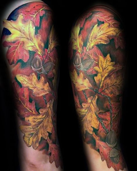 Fall Themed Mens Leaves Half Sleeve Tattoos Half Sleeve Tattoo Template, Fall Tattoos, Fall Leaves Tattoo, Leaves Tattoo, Christian Sleeve Tattoo, Autumn Tattoo, Half Sleeve Tattoos, Tattoos Mandala, Full Sleeve Tattoo Design