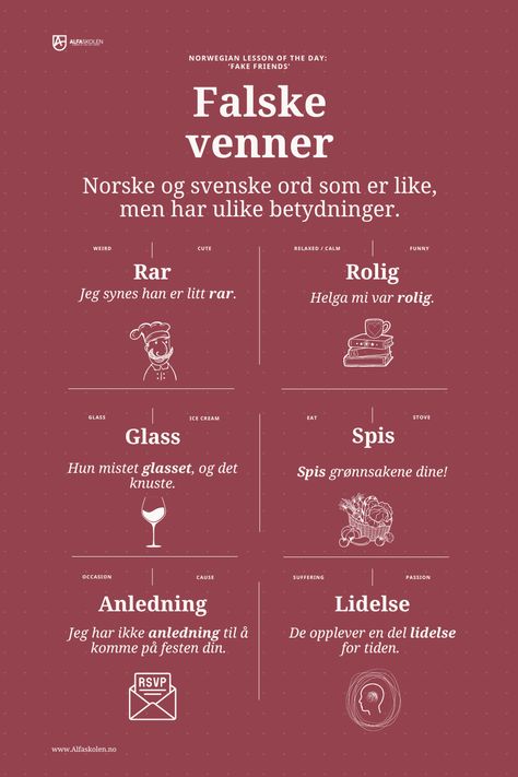 Here are some more 'false friends' - this time between Norwegian and Swedish! Norwegian Vocabulary, Norway Language, Swedish Language, False Friends, Communication Is Key, Learning Languages, Norway, Vocabulary, Sweden