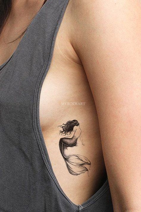 Small Mermaid Tattoo, Temporary Tattoo Ideas, Siren Tattoo, Dragons Tattoo, Mermaid Tattoo Designs, Set Tattoo, Rib Tattoos For Women, Black Girls With Tattoos, Mermaid Tattoo