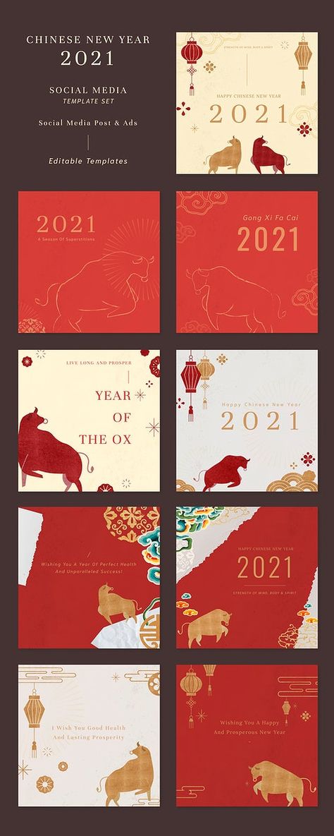 Chinese New Year psd file templates greeting 2021 social media post set | premium image by rawpixel.com / Nunny Chinese New Year Social Media Post, Chinese New Year Instagram Post, Happy New Year Design Poster, Chinese New Year Wishes, Real Estate Infographic, Chinese New Year Poster, New Year Post, Social Media Branding Design, Media Branding