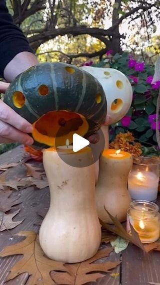 Sweet Audra Brown on Instagram: "How to make our viral pumpkin toadstool lanterns from last fall! These pumpkin toadstool lanterns are a perfect autumn addition to your outdoor decor.
Cut the two ends of a butternut squash flat. Stand it up and drill a hole in the top cut side the depth of a tea light candle, using a hole drill bit. Cut a hole in the top of a pumpkin, holding the knife at an out ward angle so the cut will be slightly larger towards the outside and smaller on the inside, a little smaller than the diameter of the top of the butternut squash tea light end. (small shorter wider pumpkins work best) Scoop out the insides of the pumpkin, scraping the walls well. Test for fit. If the hole is too small cut it bigger, but only very small portions at a time. It’s very easy to cut the Squash Decorating Ideas, Mushroom Pumpkin, Pumpkin Carving Ideas Drill Holes, Pumpkin With Lights Inside, Preserve Carved Pumpkin, Carve Pumpkin With Drill, Pumpkin Drilling, Hygge Crafts, Modern Traditional Home