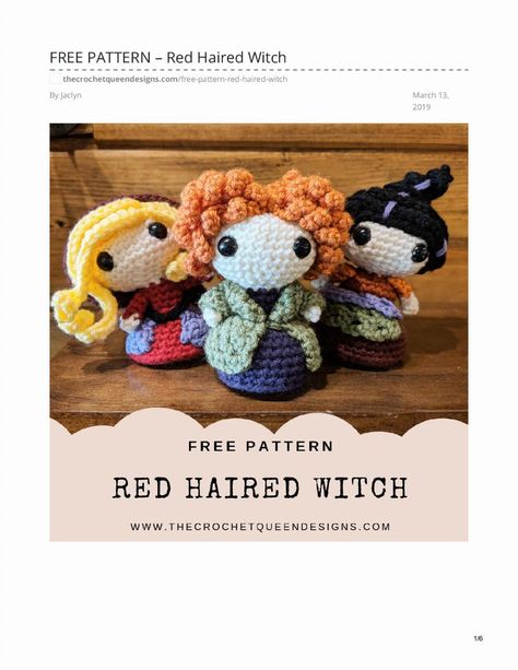 FREE PATTERN – Red Haired Witch Red Haired Witch, Witch Pattern, Scarlet Witch, Pattern Free, Crochet Patterns Amigurumi, Amigurumi Pattern, Crochet Amigurumi, Scarlet, Red Hair