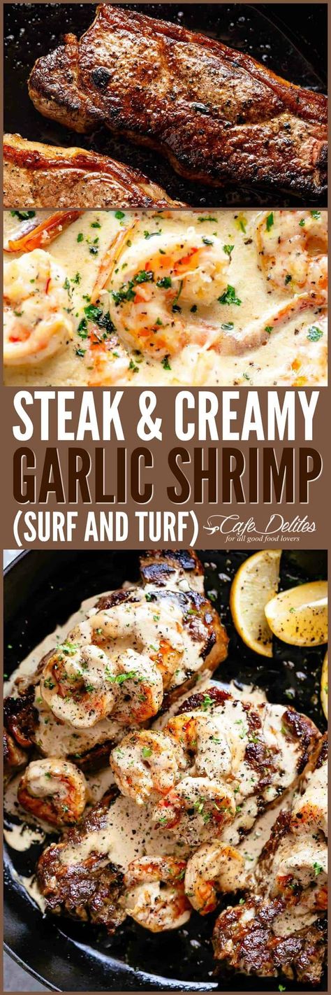 Creamy Garlic Shrimp, Gourmet Steak, Steak And Shrimp, Cafe Delites, Surf Turf, Surf And Turf, Steak Fajitas, Steak Bites, Steak Recipe