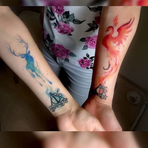 Matching Harry Potter Tattoos, Couple Disney, Bodysuit Tattoos, Harry Tattoos, Instagram Tattoos, Hp Tattoo, Matching Best Friend Tattoos, Cute Couple Tattoos, Sanskrit Tattoo