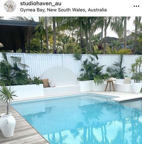 Pool Feature Wall, Coastal Pool Area, Small Backyard Pool Australia, Pool Area Ideas Australia, Black Pool Fence Ideas Australia, Pool Fences Australia, Surf Mist Colourbond Fence, Colorbond Pool Fence, Hampton Pool