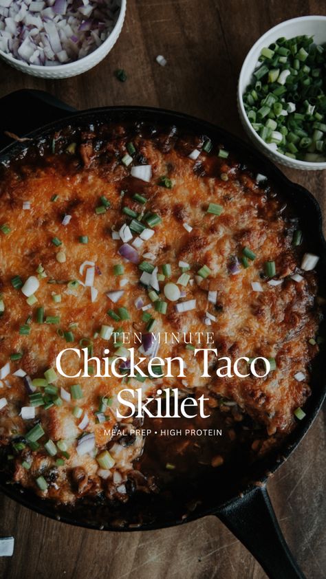 10-Minute Chicken Taco Skillet Recipe Skillet Chicken Tacos, Chicken Taco Skillet, French Onion Beef Stew, Taco Skillet Recipe, Taco Skillet, High Protein Dishes, Minute Chicken, Dinner Favorites, High Protein Dinner