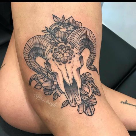 Aries Ram Tattoo For Women, Aries Ram Tattoo, Aries Tattoos, Shoulder Cap Tattoo, Ram Tattoo, Thigh Tat, Aries Tattoo, Ram Skull, Knee Tattoo