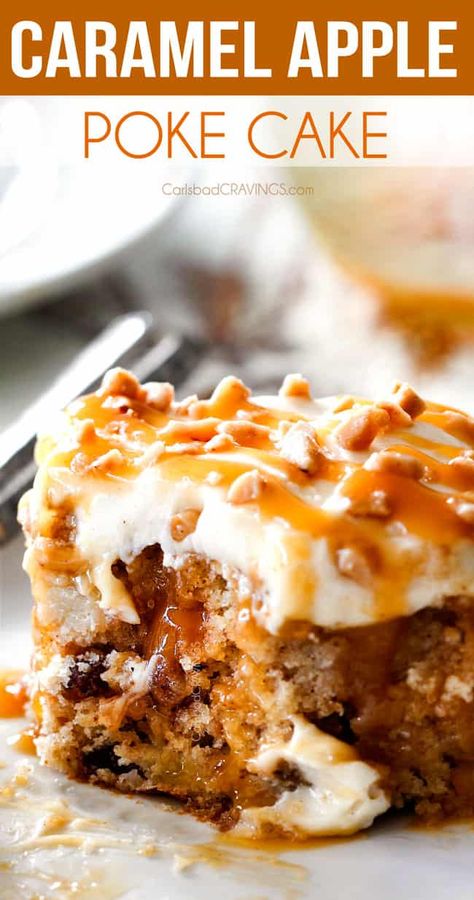 Carmel Apple Pie Poke Cake, Poke Cake Desserts, Carmel Apple Poke Cake Easy, Apple Pie Poke Cake Recipe, Texas Christmas Recipes, Cakes For Fall Season, Fall Poke Cake Recipes, Caramel Apple Poke Cake Recipe, Apple Pie Poke Cake