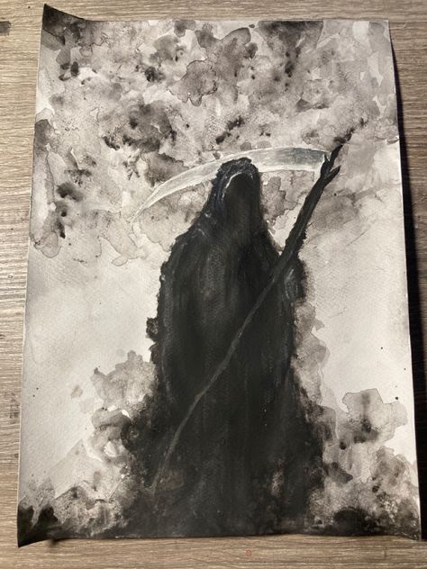 Grim Reaper Watercolor, Watercolor Paintings Creepy, Simple Creepy Paintings, Watercolor Painting Dark, Grim Reaper Painting Easy, Dark Watercolour Painting, Vampire Painting Ideas, Painting Ideas On Canvas Creepy, Simple Goth Painting Ideas