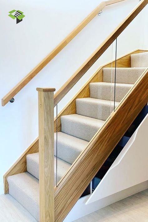 An oak staircase with embedded glass. The staircase is beautifully carpeted in a beige shade. Made by UK bespoke timber staircase manufacturer StairBox Carpeted Staircase, Stairs Makeover Design, Staircase Manufacturers, Led Stair Lights, Oak Staircase, Carpet Staircase, Bespoke Staircases, Timber Staircase, Stairs Makeover