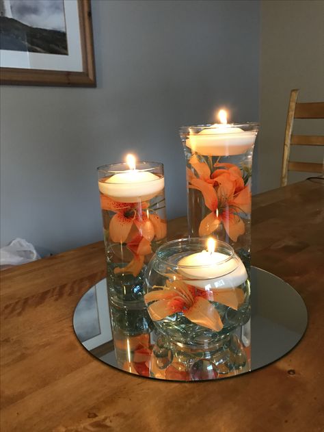 Sunset Centerpieces, Tiger Centerpieces, Tiger Lily Wedding Decor, Sikh Wedding Decor, Tiger Lily Wedding, Water Centerpieces, Lily Centerpieces, Orange And Pink Wedding, Backyard Graduation Party