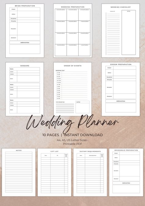 Digital Planner | Digital Wedding Planner | Wedding Planner | Wedding Planner Book | Wedding Timeline | Printable Wedding Planner | Wedding Printables | Printable Wedding | Wedding Program | Wedding Planner Printable | Wedding Diary Printable | Wedding Tracker | The big day is approaching and it can become overwhelming to remember everything and organise it all yourself. Make planning fun and use these handy trackers to get on top of your ideas and make your day as special as it can be.  This bundle includes everything you might need to make things easier. Use the Order of Events to plan your wedding day in detail and help make it run as smoothly as possible. Prior to the wedding, you can prepare using the multiple trackers available and make sure nothing is missed. They can also be useful Wedding Preparation Checklist, Diary Printable, Free Wedding Planner Printables, Digital Wedding Planner, Wedding Planner Printable, Bride Preparation, Program Wedding, Free Wedding Planner, Vision Book