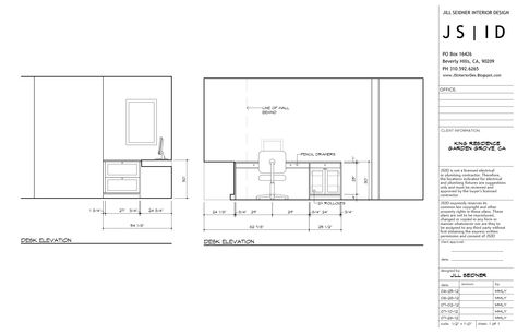 Garden Grove, CA Residence Office Custom Desk Design Detailed Elevation, Revised, CAD by Morgan Lund for JSID. www.JSInteriorDes.Blogspot.com Elevation Drawing, Interior Design Drawings, Interior Design Sketches, Custom Desk, Garden Grove, Concept Board, Commercial Office, Architectural Details, Desk Design