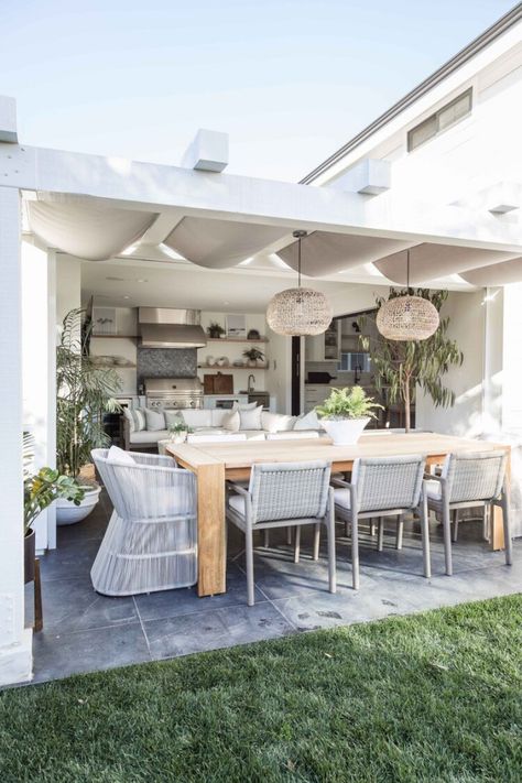 20 Phenomenal Coastal Patio Designs You Will Fall In Love With Salt Interiors, Pure Salt Interiors, California Room, White Pergola, Coastal Patio, Brown Dining Table, Transitional Dining Room, Pure Salt, Kitchen Tiles Design