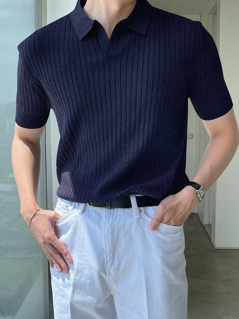 DAZY Men Ribbed Knit Top | SHEIN USA Polo T Shirts For Men, Mens Polo T Shirts, Men Stylish Dress, Guys Clothing Styles, Lycra Fabric, Summer Sweaters, Cool Outfits For Men, Formal Casual, Ribbed Knit Top