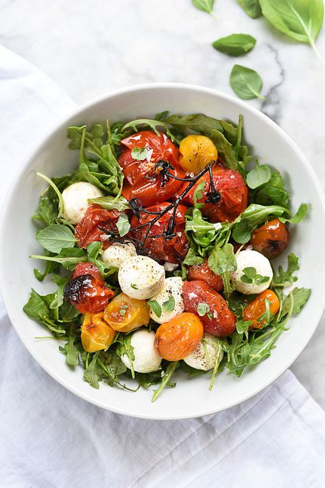 Roasted Tomato and Burrata Caprese Salad | foodiecrush.com Roasted Tomato Caprese Salad, Roasted Tomato Caprese, Burrata Caprese Salad, Tomato And Burrata, Tomato Caprese Salad, Fig Prosciutto, Burrata Caprese, Tomato Vinaigrette, Tomato Caprese