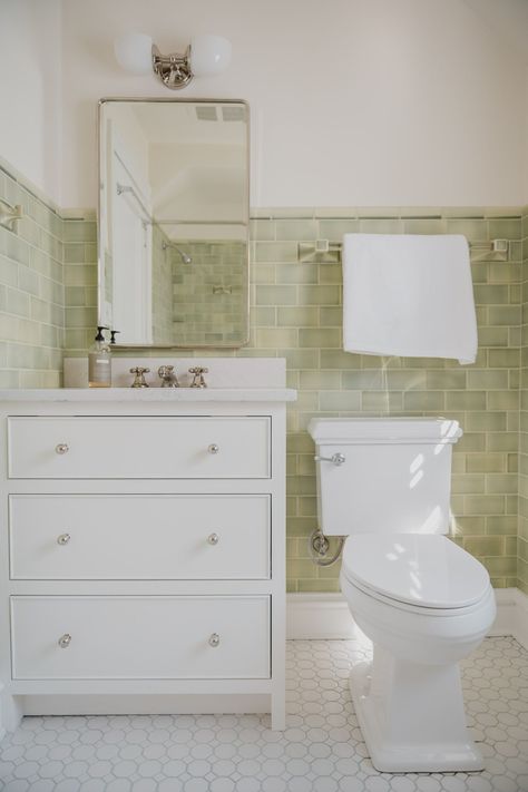 bathroom renovation design Additional Bathroom Storage Ideas, Light Green Bathroom, Light Green Bathrooms, Pottery Barn Lighting, Wilton House, Green Tile Bathroom, Polished Nickel Faucet, Addition Ideas, Geometric Floor