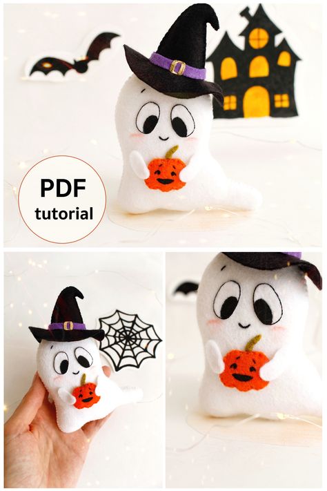 Let's create very cute Halloween felt decor! This PDF sewing pattern and tutorials in English by FeltPatternFairyland is to make a cute felt toy - ghost in black pointed hat with Halloween pumpkin. ⭐PDF pattern includes: - full size pattern pieces, - step by step photo tutorial (10 pages), - material and supply information. ⭐ Skill Level: easy (are suitable for all levels of sewers) #feltghostpattern #DIYHalloweencrafts #Halloweendecor #Halloweenornament #felttoypattern #Halloweentoypattern Fall Food Gifts, Felt Patterns Free, Felt Ghost, Halloween Felt Crafts, Patterns Halloween, Felt Decor, Felt Ornaments Patterns, Felt Toys Patterns, Felt Pumpkins