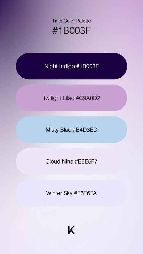 Tints Color Palette Night Indigo #1B003F · Twilight Lilac #C9A0D2 · Misty Blue #B4D3ED · Cloud Nine #EEE5F7 · Winter Sky #E6E6FA Night Sky Colour Palette, Twilight Color Palette, Twilight Color, Colour Pallets, Combo Color, Create Color Palette, Hex Color Palette, Color Pallete, Color Combinations For Clothes