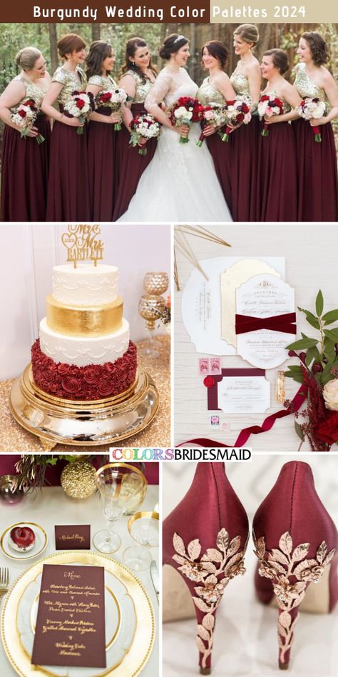 Burgundy, gold and white wedding color combos inspirations for 2024: burgundy and gold bridesmaid dresses, white bridal gown, burgundy bridal shoes with rose gold embelishments, burgundy and blush wedding bouquets, burgundy, gold and white wedding cakes, white and burgundy wedding invitations in some gold accents, burgundy napkins, wedding dinnerware with gold accents. #weddingcolors #weddingideas #burgundyweddings #colsbm #2024 #bridesmaiddresses #goldwedding #burgundyandgold Burgundy Gold And White Wedding, Wine And Gold Wedding, Wedding Bouquets Burgundy, White And Burgundy Wedding, Burgundy Napkins, Burgundy And Grey Wedding, Burgundy And Gold Wedding, Bridesmaid Dresses White, Blush Wedding Centerpieces