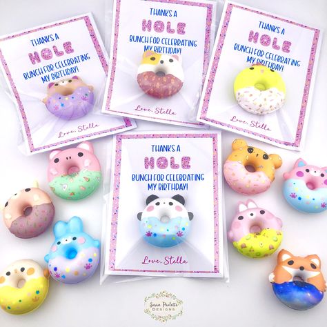 "DONUT BIRTHDAY PARTY FAVOR/SLOW RISE SQUISHY DOUGHNUT TOY/CLASSROOM BIRTHDAY GIFTS -  each contains a slow-rise donut and personalized tag in a cellophane bag.  Donut designs are chosen at random. Choose the tag that fits your party theme: \"Thanks a HOLE bunch for celebrating my birthday!\" OR \"Thanks for making my birthday so SWEET!\" Our gifts are packaged with love to save you time and trouble.  You have enough to do as a mom, caregiver and party planner, let us handle the Birthday Party Favors!  They arrive completely pre-assembled and ready to hand out. Makes the perfect Donut or Dessert themed party favors for your lucky guests.   GIFTS ARE SOLD IN SETS OF 4 - price shown is for 4 individual gifts.  Please order in multiples of 4.  (Need 20?  Order a qty of 5.  Need 32?  Order a q 2 Sweet Party Favors, Two Sweet Birthday Favors, Sweet One Birthday Party Favors, Doughnut Birthday Party Ideas, Donut 4th Birthday Party Girl, Doughnut Themed Birthday Party, Sweet One Party Favors, Two Sweet Party Favors, Donut Birthday Theme