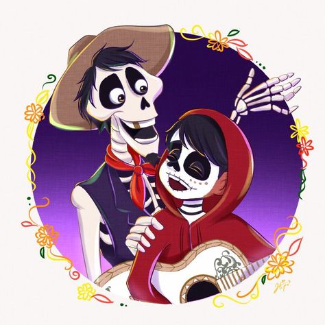 Hector and Miguel Rivera from Coco Diy Mexican Decorations, Disney Letters, Mickey Mouse Halloween, Disney Colors, Halloween Pictures, Coloring Book Art, Disney Fan Art, Disney Magic, Dia De Muertos