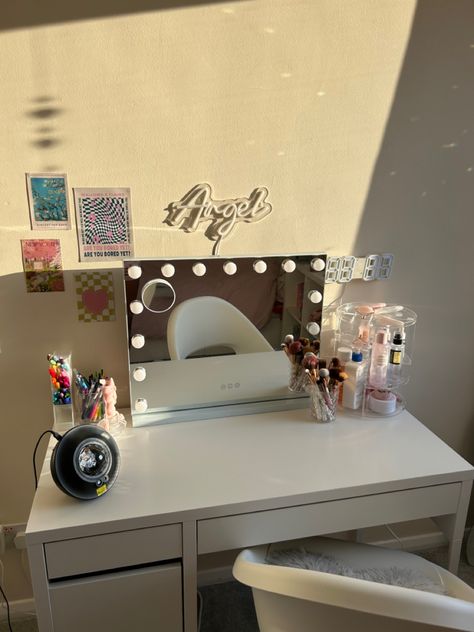 #feed #vanitytable #vanitydecor #makeup #aesthetic Vanity And School Desk, Makeup Table Vanity Aesthetic, Desk Vanity Organization, Vanity Set Up Aesthetic, Small Vanity Aesthetic, Minimal Vanity Ideas, Desk With Mirror Vanity Ideas, Vanity Desk Set Up, Micke Desk Vanity