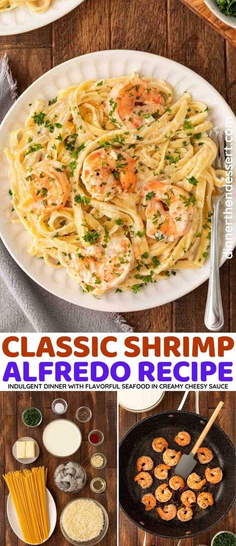 Classic Shrimp Alfredo is a fresh seafood version of alfredo pasta with fettuccine pasta, perfectly seasoned shrimp, and cheesy, creamy sauce. Shrimp And Scallops Alfredo Pasta, Shrimp Scampi Fettuccine, Fettucini Alfredo Recipe With Shrimp, Creamy Shrimp Alfredo Pasta, Shrimp Alfredo Recipe Homemade, Scallop Alfredo Pasta, Fettucini Alfredo Recipe Shrimp, Shrimp Fettuccine Alfredo Easy, Shrimp Alfredo Pasta With Jar Sauce