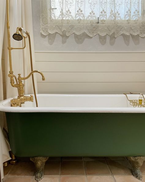 A clawfoot tub and antique lace making my mother’s new build feel perfectly aged. #vintagetub #clawfoottub #clawfoottubinspo #greenclawfoottub #vintagebathroom #lacecurtains #bathroominspiration Green Clawfoot Tub, Vintage Tub, School Of Life, Room Deco, Lace Curtains, Clawfoot Tub, Vintage Bathroom, New Build, Antique Lace