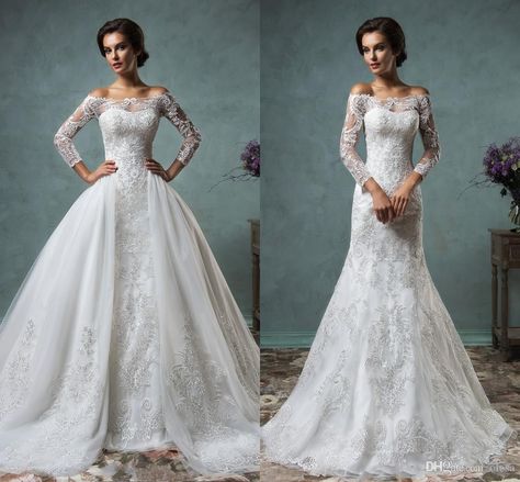 Amelia Sposa 2016 Vintage Lace Wedding Dresses With Detachable Skirt Stunning Cap Sheer Bateau Neckline Long Sleeve Tulle A Line Bridal Gown Wedding Shop White Wedding Dresses From Olesa, $160.81| Dhgate.Com Exotic Wedding Dress, Vintage Lace Weddings, Muslim Wedding Dresses, A Line Bridal Gowns, Bridal Gowns Mermaid, Bridal Ball Gown, Lace Wedding Dress Vintage, Lace Bridal Gown, Lace Wedding Dresses