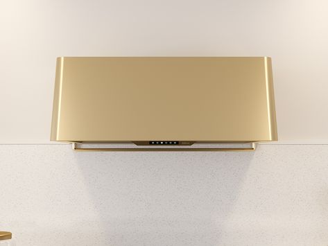 Mesa Wall Shown In Satin Gold Gold Range Hood, Kitchen Vents, Amazing Kitchens, Ventilation Hood, Kitchen Vent, Wall Mount Range Hood, Appliances Online, Outdoor Refrigerator, Kitchen Hoods