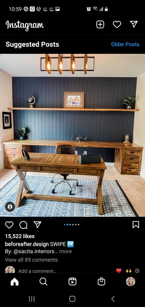 Beadboard Office, Male Home Office, Men’s Home Office, Blue Home Offices, Small Office Design Interior, Small Office Design, Dark Blue Walls, Backdrop Wall, Small Home Offices