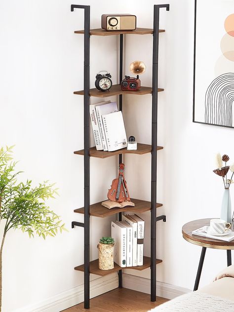 PRICES MAY VARY. [Unique notched design shelf]: The novel design of the rectangular notch makes this corner shelf stand out! 5-tier corner shelves combine rustic brown wood panels with a black metal frame for an industrial feel. Fashion design with industrial style to create a visually appealing, artistic aesthetic that easily blends into any home décor. [Multifunctional Corner bookshelf]: Tall corner shelves with a rust-proof frame and waterproof wooden board can be used as a bookshelf, display Unique Corner Shelves, Metal Corner Shelves, Shelves Over Couch, Floor Shelves, Corner Plant Shelf, Corner Shelf Stand, Tall Corner Shelf, Corner Shelf Design, Bedroom Brown