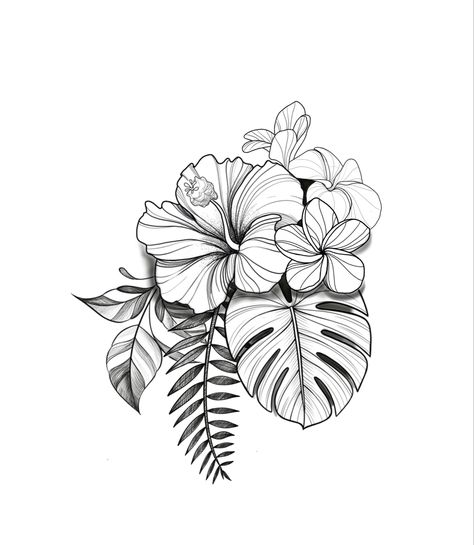 Tropical Flower Tattoo Stencil, Tropical Elephant Tattoo, Plumeria Mandala Tattoo, Tattoo Tracing Ideas, Hawaiian Foliage Tattoo, Tropical Turtle Tattoo, Hawaiian Floral Tattoo Design, Hawaiian Flower Arm Tattoos For Women, Tropical Ankle Tattoo