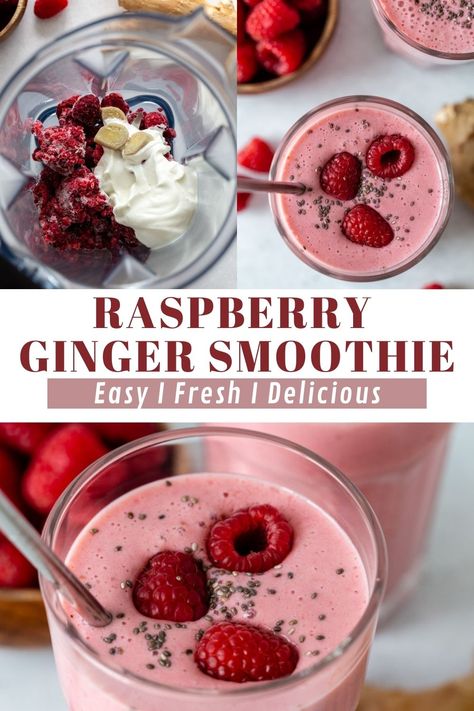 This Raspberry Ginger Smoothie comes together with just 5 simple ingredients and is easily customizable to your liking! The ginger makes this so ridiculously fresh and you're going to love it. Whole 30 Smoothies, Ginger Root Recipes, Ginger Smoothie Recipes, Raspberry Smoothie Recipes, Plant Based Smoothies, Freezer Smoothie Packs, Freezer Smoothies, Smoothie Recipes With Yogurt, Raspberry Yogurt