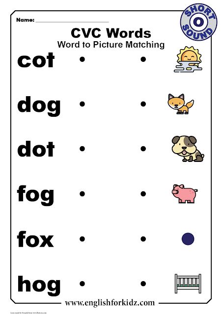 Cvc Word Matching Worksheet, Cvc Short O Worksheets, Short O Worksheets, Short O Sound, Kindergarten Start, Cvc Worksheets, Cvc Words Worksheets, Phonics Cards, Kindergarten Phonics